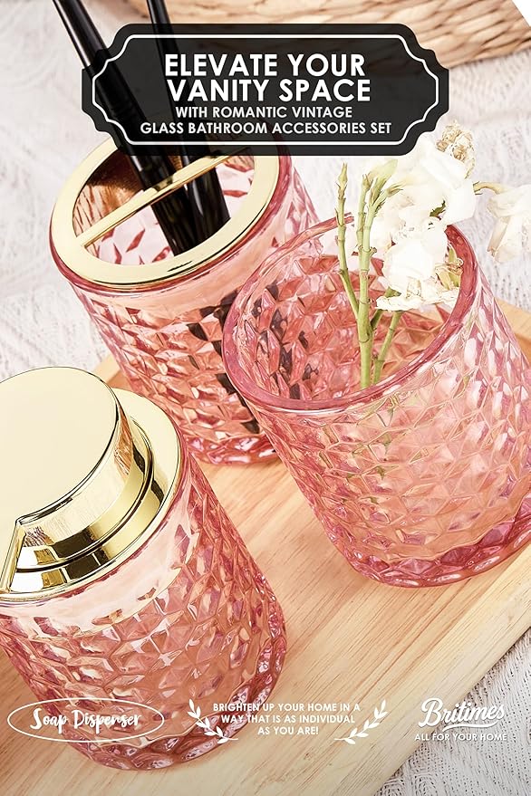 Pink Bathroom Accessories, 4Pcs Pink Bathroom Accessory Set Complete, Toothbrush Holder Set, Soap Dispenser, Qtip Holder, Tumbler, Perfect for Bathroom Decor and Vanity