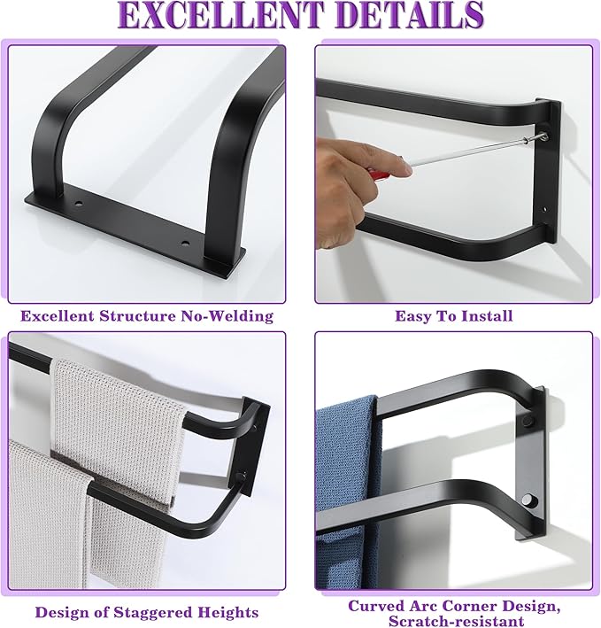 Alise Double Towel Bars for Bathroom,32'' Towel Holder Towel Racks for Bathroom Wall Mount,SUS304 Stainless Steel Double Towel Rail Towel Hanger,Matte Black