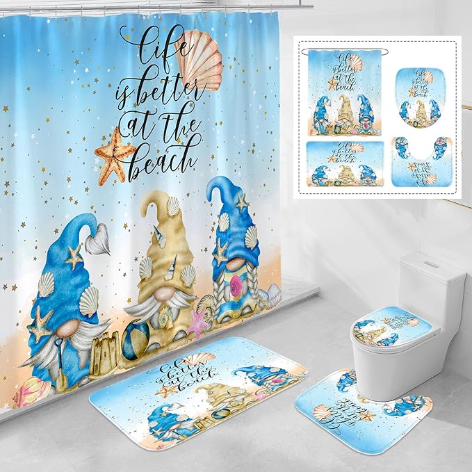Litabel 4 Pcs Summer Gnomes Shower Curtain Set with Non-Slip Rugs, Toilet Lid Cover and Bath Mat, Sea Beach Starfish Country Bathroom Decor Set with Shower Curtain and Rugs(Hooks Not Included)