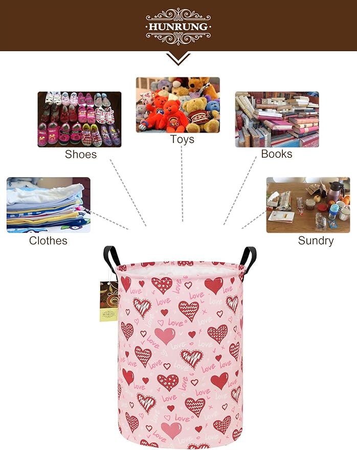 HUNRUNG Laundry Hamper,Large Canvas Fabric Lightweight Storage Basket Toy Organizer Dirty Clothes Collapsible Waterproof for College Dorms???Round-Pink Love Heart???