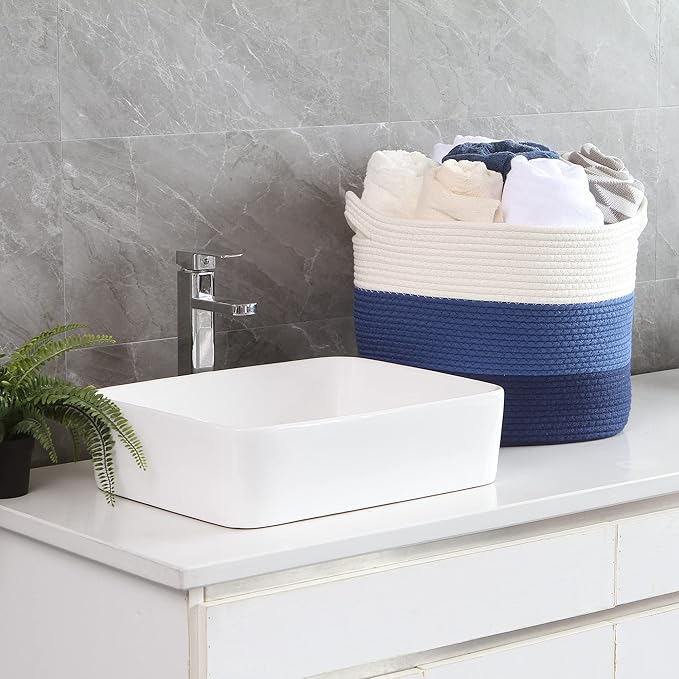 Sea Team Oval Large Cotton Rope Woven Storage Basket with Handles, Diaper Caddy, Baby Shower Basket, Nursery Nappies, Clothes Toys Organizer for Kid's Room, 16 x 13 inches, White & Navy