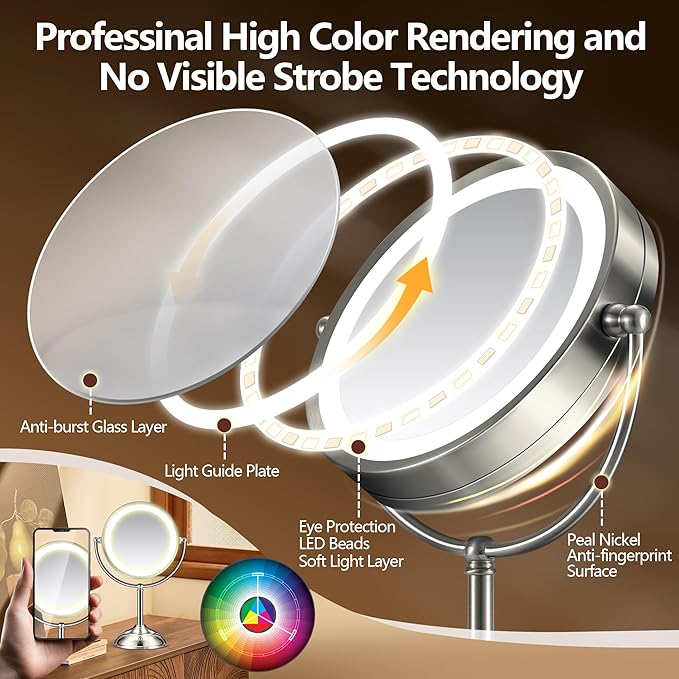 10X Magnifying Mirror with Light, Rechargeable 9" Lighted makeup mirror with magnification, 3 Color Modes, Adjustable Brightness, No Assembly Required, 360° Rotation Cosmetic Mirror, Pearl Nickel