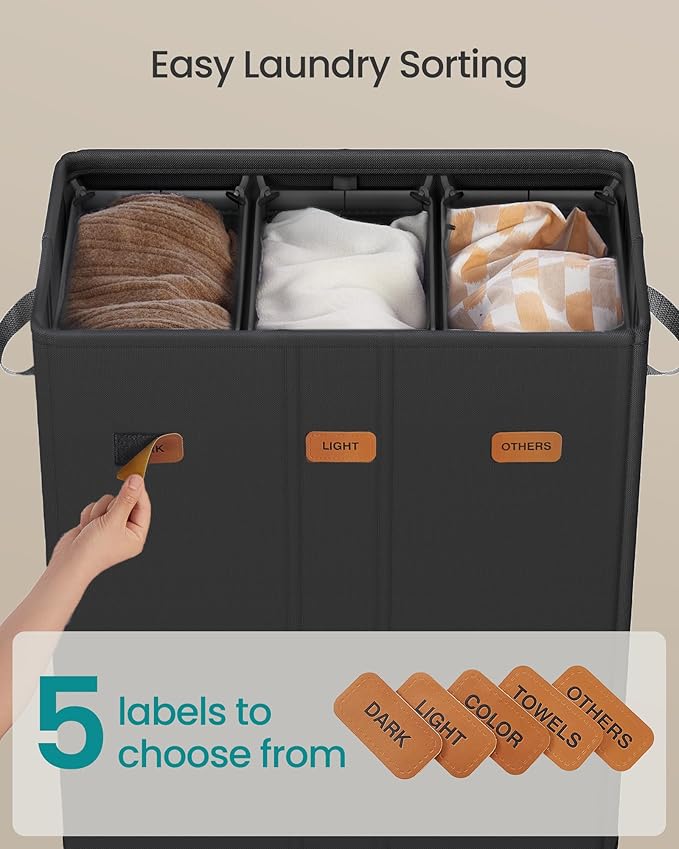 SONGMICS 47.6 Gallon (180 L) Laundry Hamper, 3-Compartment Laundry Basket Sorter with Lid, Labels, Removable Liner Bags, for Bedroom, Ink Black URLH013B01