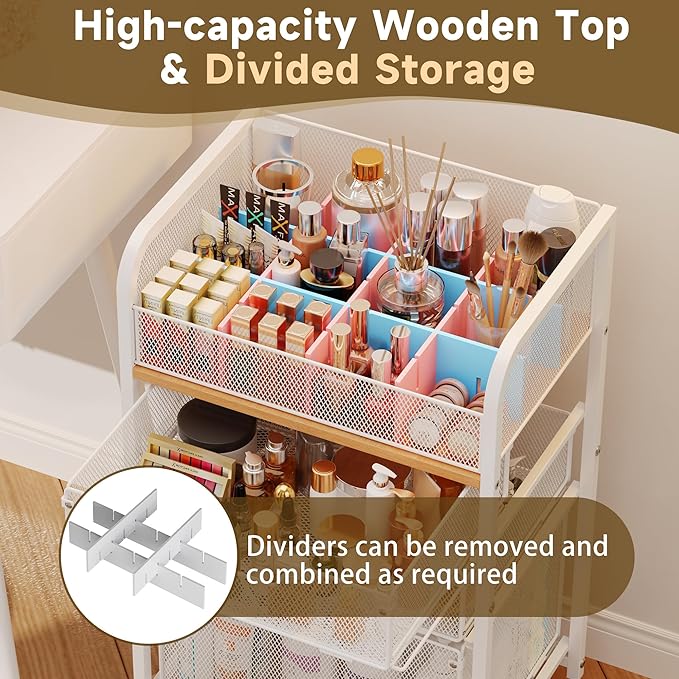 Makeup Cart Organizer with 3 Drawers, Under Desk Storage Drawers,Floor Skincare & Makeup Organizer, Vanity Storage for Cosmetics, Nail Polish, Perfume, Makeup Brushes, Hair Tools, White