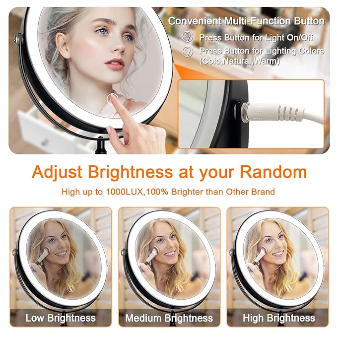 8" Lighted Makeup Mirror, 1X/10X Magnifying Vanity Mirror with Lights, 3 Color Lighting, Brightness Dimmable Cosmetic Mirror, Touch Control Light up Mirror, Black