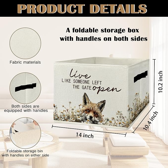 Rustic Fox Storage Bins & Boxes with Handles, Farmhouse Fox Foldable Basket for Organizing, Live Like Someone Left the Gate Open Collapsible Storage Basket for Bedroom Bathroom Clothes Toys