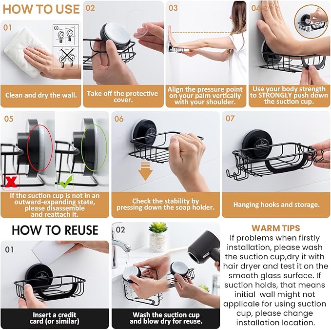 LEVERLOC Soap Dish for Shower with Hooks, Bar Soap Holder with Suction Cup, Soap Tray Rustproof Stainless Steel Holder for Bathroom Soap Saver, Black