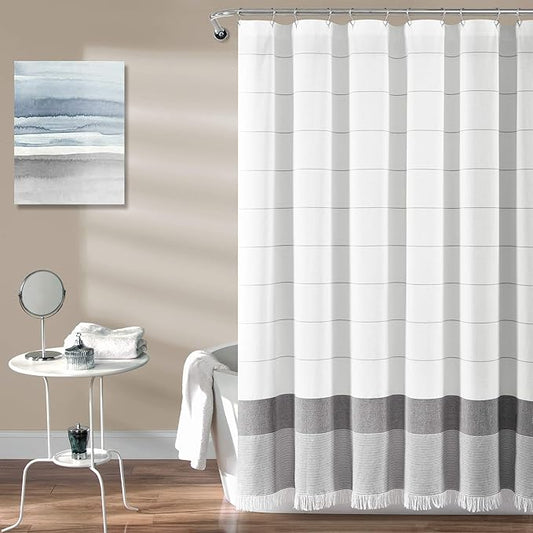 Lush Decor White Woven Cotton Shower Curtain with Gray Stripe and Tassel Fringe, Bathroom Accessories (72" x 72")