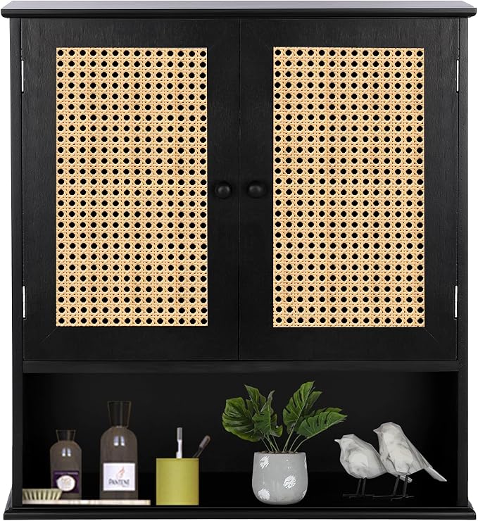 ZYBT Bathroom Medicine Cabinet Wall Mounted,Black Rattan Storage Towel Cabinet for Bathroom Storage Over The Toilet, Floating Hanging Cabinet for Small Spaces Kitchen Laundry Living Room