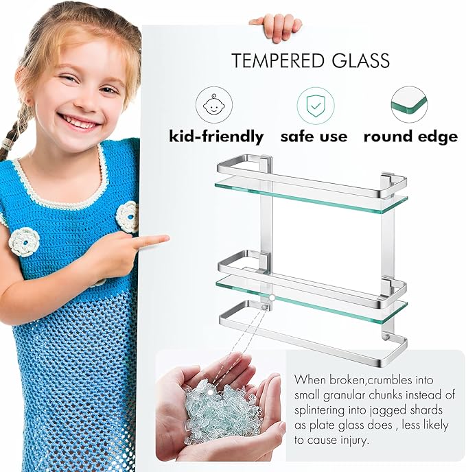 KES Bathroom Tempered Glass Shelf 2 Tier Storage Glass Shelf Rectangular with Bar Wall Mounted Sand Sprayed Anodized Aluminum Finish, A4127B