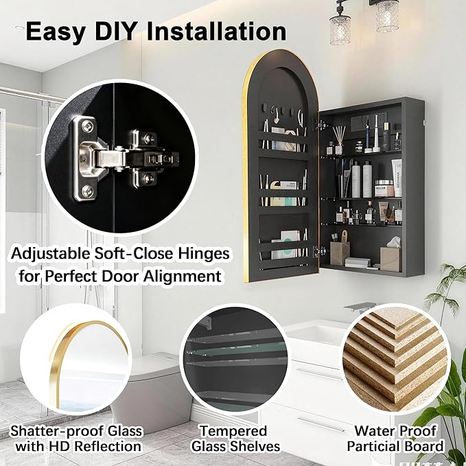 FKWin Bathroom Mirror with Storage and Power Outlet, Medicine Cabinet for Left or Right Opening, not Recessed, Ample Vanity Mirror with Storage for Homeowner, Gold, 20x34 inch