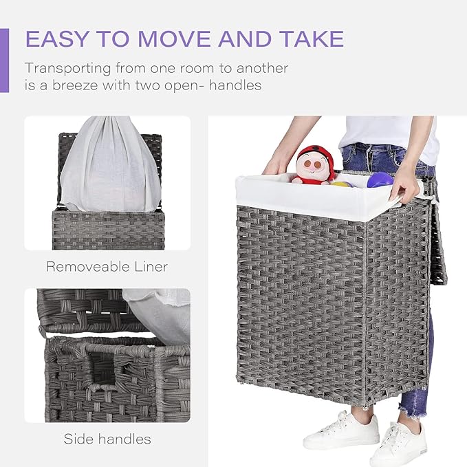 Paylesshere Laundry Basket Handwoven Laundry Hamper 90L/110L Foldable Rattan Hamper With Lid,2 Removable Liner Bags & 6 Laundry Bags,Clothes Hamper Bathroom Laundry Basket,Grey