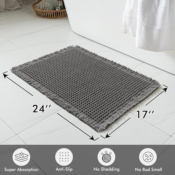 MIULEE Set of 2 Waffle Bathroom Rugs, Boho Bath Rugs Non Slip Washable, Super Absorbent Bath Mats, Ultra Soft Rubber Backed Shower Mats for Bathroom Floor, Tub and Shower, Dark Grey, 17x24 Inch