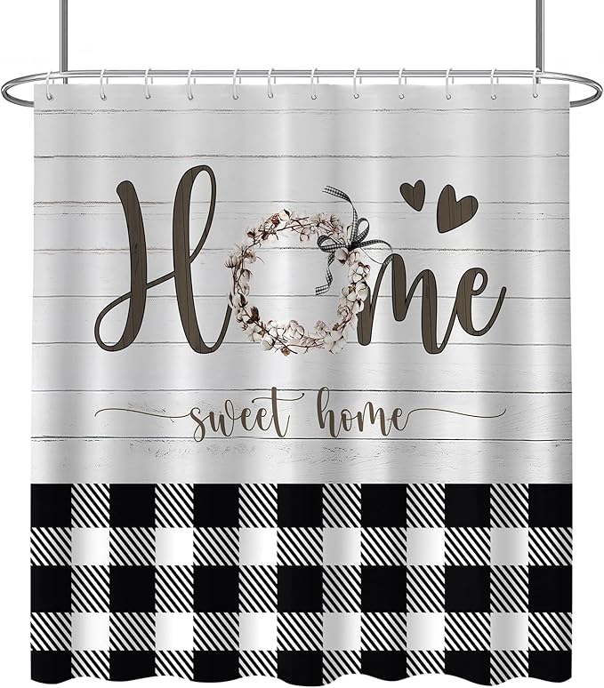 FZDHHY 4Pcs Black and White Shower Curtain Set, Modern Farmhouse Bathroom Sets, Buffalo Plaid Bathroom Sets with Shower Curtain and Rugs, Shower Curtain with 12 Hooks