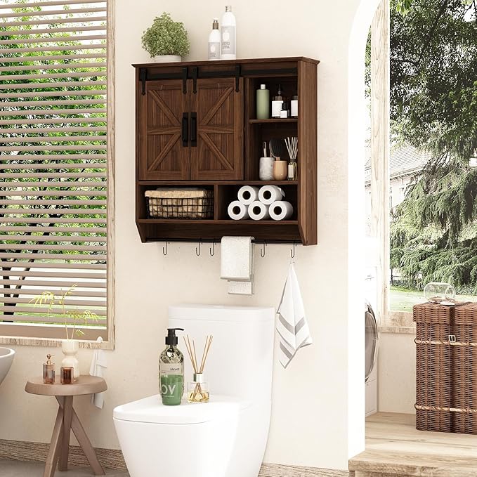RUSTOWN Farmhouse Bathroom Wall Cabinet,3-Tier Rustic Wood Wall Mounted Cabinets,Vintage Medicine Cabinet with Sliding Barn Door and Adjustable Shelves,Over The Toilet Storage Cabinet (Dark Walnut)