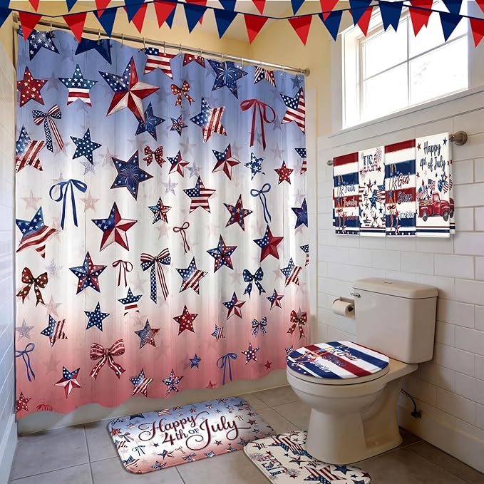 FuWeave 8 Pcs 4th of July Shower Curtain Set for Patriotic Bathroom Decor Include Red White and Blue American Flag Star Pattern Shower Curtain Towel Non Slip Rug Toilet Lid Cover Bath Mat and 12 Hooks