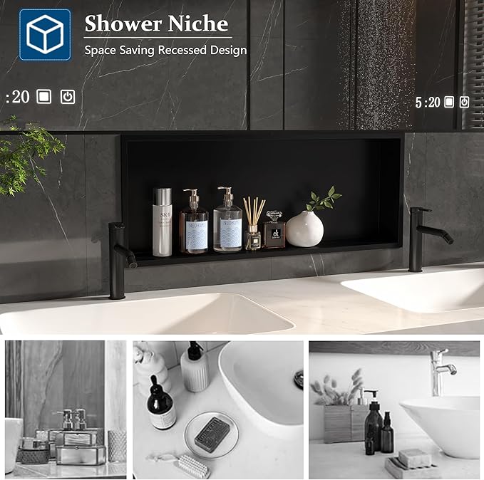 Neodrain Shower Niche, Insert Bathroom Storage Shower Shelf, Stainless Steel Recessed Wall Niche No Tiled Recessed Cabinet Waterproof for Shower Storage(Matte Black,30"x12")