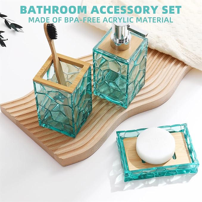 GAHEFY Teal Blue Beach Bathroom Accessories Set, Toothbrush Holder, Soap Dispenser, Cotton Swabs Holder, Soap Dish, Toilet Brush with Holder, Boho Bamboo Bathroom Decor,Acrylic (Teal)