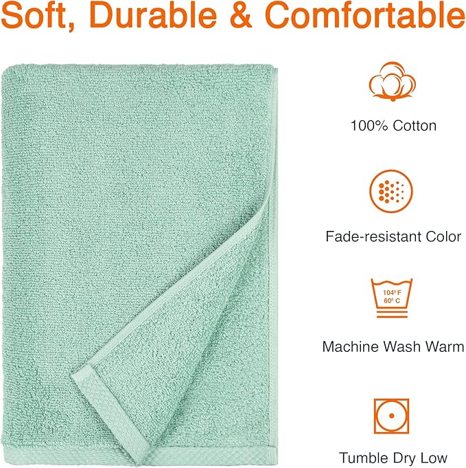 Amazon Basics Quick-Dry Lightweight Moisture Absorbing Bath Towel,100% Cotton,54" x 30",Seafoam Green,2 Count (Pack of 12)