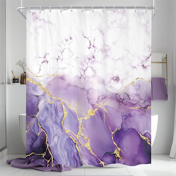 Cinbloo Purple Marble 60Wx72H Shower Curtain Abstract Lilac Gold Cracked Lines Modern Ombre Minimalist Simple Contemporary Luxury Bathroom Curtain Set Aesthetic Bath Bathroom Accessories Decor