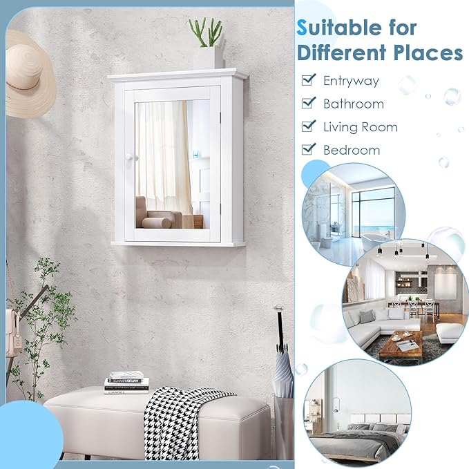 COSTWAY Bathroom Medicine Cabinet with Mirror, Wall-Mounted Storage Cabinet Organizer with 5-Position Adjustable Shelf, Hanging Bathroom Wall Cabinet for Living Room Bedroom Entryway (White)