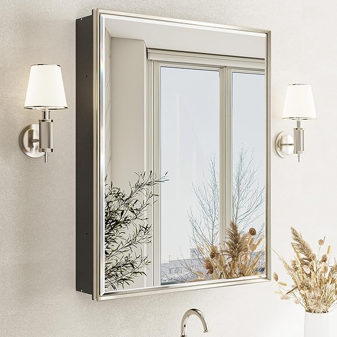 Pre-Assembled Surface or Recessed Medicine Cabinet Mirror-24x30 Brushed Nickel Bathroom Medicine Cabinet with Mirror & Rustproof Aluminum Frame, Beveled Bathroom Vanity Mirror with Storage