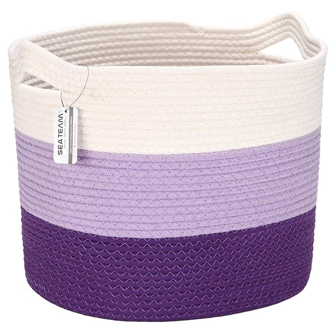 Sea Team Oval Large Cotton Rope Woven Storage Basket with Handles, Diaper Caddy, Baby Shower Basket, Nursery Nappies, Clothes Toys Organizer for Kid's Room, 16 x 13 inches, White & Lavender
