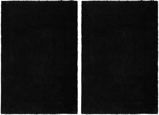 COTTON CRAFT Luxurious Bath Mat Rug - Set of 2 Reversible Heavyweight Step Out Bath Mats for Bathroom Floor, Tub and Shower - Pure Cotton Soft Plush Absorbent Tufted Racetrack Mat - 17x24 inch - Black