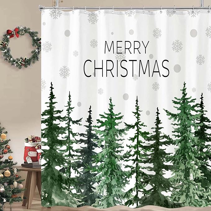 Accnicc Christmas Shower Curtain Winter Snowflake Pine Tree Shower Curtains for Bathroom Green Forest Xmas Trees Waterproof Fabric Bath Curtain Decor 72 X 72 Inch