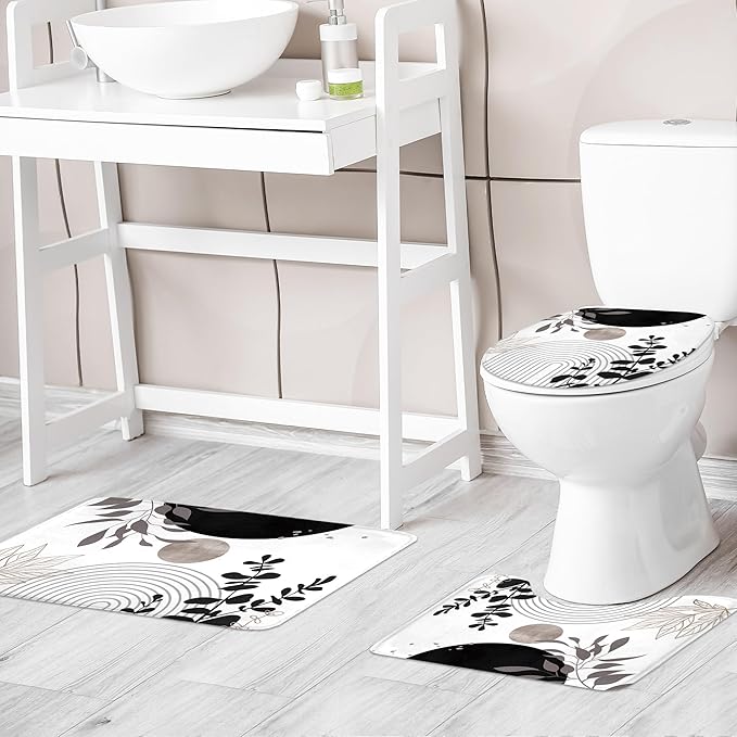Riyidecor Black White Boho 4Pcs Bathroom Shower Curtain Sets Gray Retro Abstract Leaves Bathroom Decor Set with Rugs and Accessories Modern Neutral Toilet Lid Rug, Contour and Bath Mat with 12 Hooks