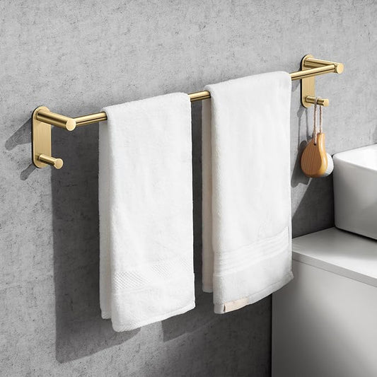 24 Inch Adhesive Towel Bar - Stainless Steel Stick on Towel Rack for Bathroom, No Drilling Towel Holder with 2 Hooks, Brushed Gold