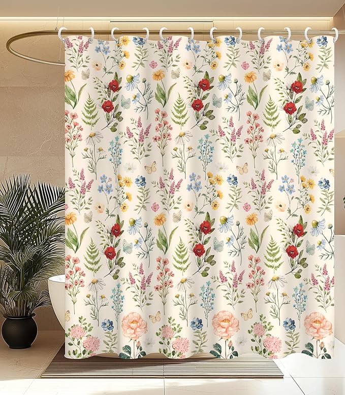 MAMUSE Shower Curtain for Bathroom - Cute Aesthetic Decorative Modern Girly Unique Girls Design Pretty Women Waterproof Fabric Cloth Cortinas de Baño Bathtub 72 x 72 Inch, Plant Flower