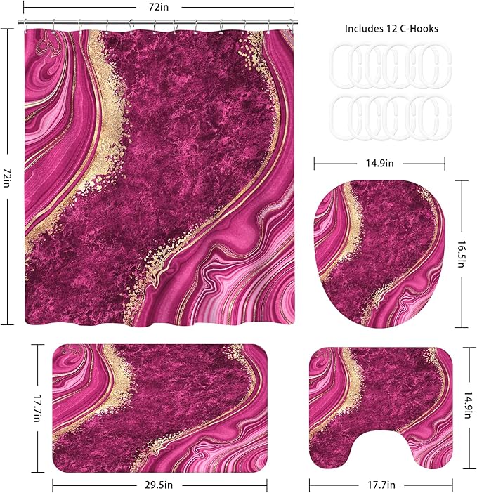 4PCS Pink Gold Marble Bathroom Sets with Shower Curtain and Rugs, Hot Pink Shower Curtain Sets with Rugs, Abstract Bathroom Curtains Shower Set with Accessories