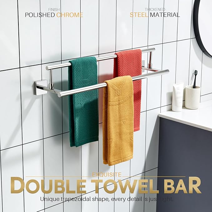 KOKOSIRI Towel Holder 24-Inch Bathroom Double Bath Towel Bars Kitchen Rack Wall Mounted Polished Chrome Stainless Steel B5009CH-L24