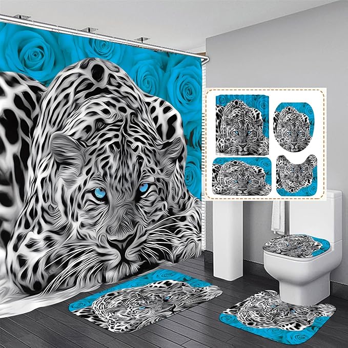 jieprom 4PCS Teal Rose and Leopard Shower Curtain Set with Rugs,Toilet Lid Cover and Bath Mat, Shower Curtain with 12 Hooks, Complete Bathroom Accessories Bathroom Decor Set