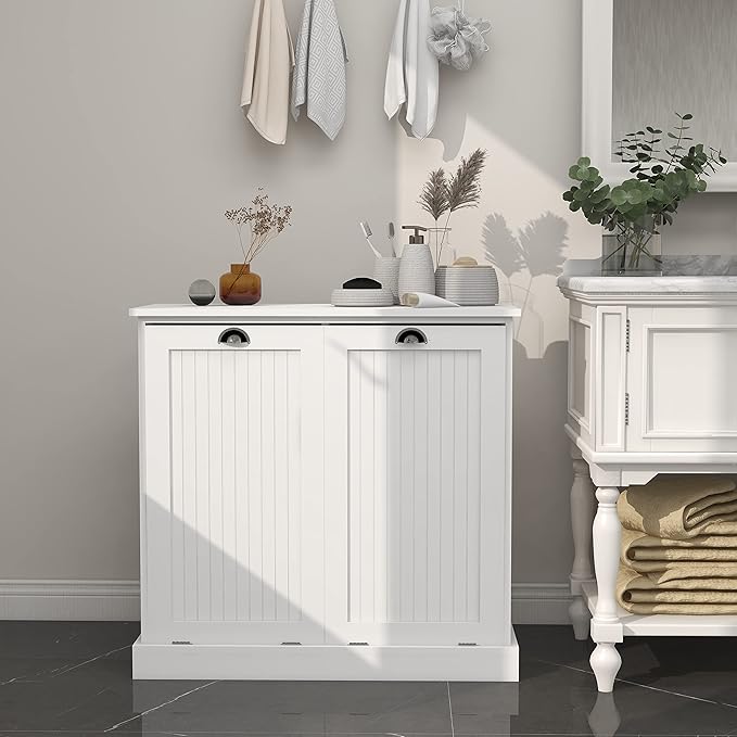 Locsear Tilt Out Laundry Hamper Cabinet with Removable Basket, Double Hidden Laundry Hamper, Wood Bathroom Storage, Free Standing Home Organizer, White