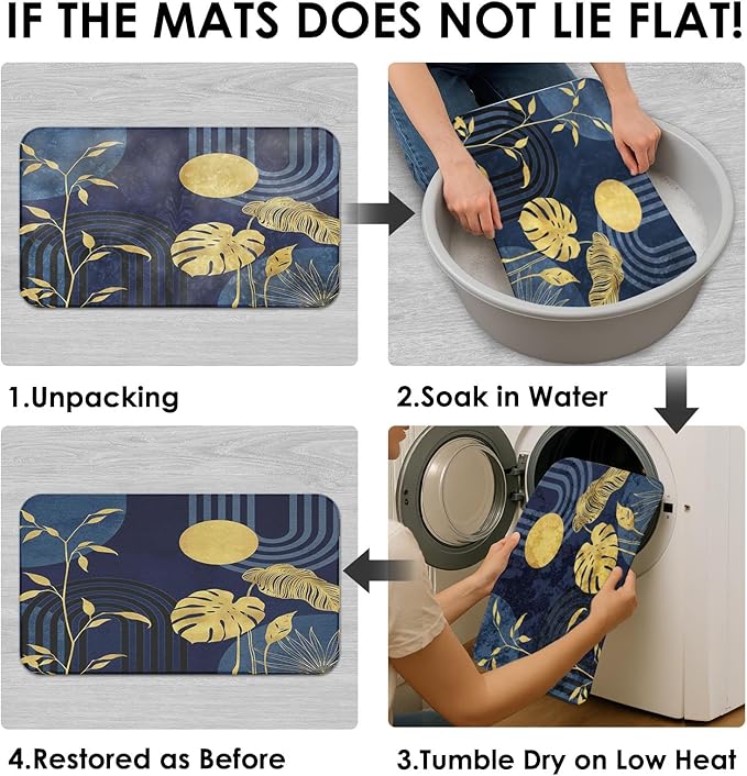 Boho Blue Shower Curtain Set with Toilet Lid Cover and Non-Slip Rugs, Abstract Gold Modern Tropical 4 Pcs Modern Minimalist Vintage Shower Curtain for Bathroom Set with 12 Hooks