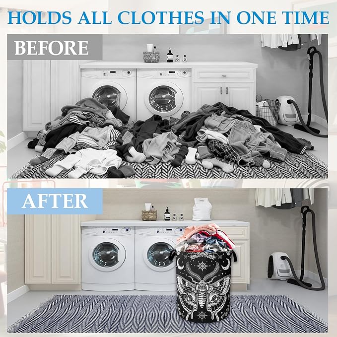 Butterfly Moon Laundry Basket Collapsible Laundry Hamper with Handle, Oxford Clothes Toy Storage Bin for Bathroom Bedroom Room Décor 16" X 20.8"