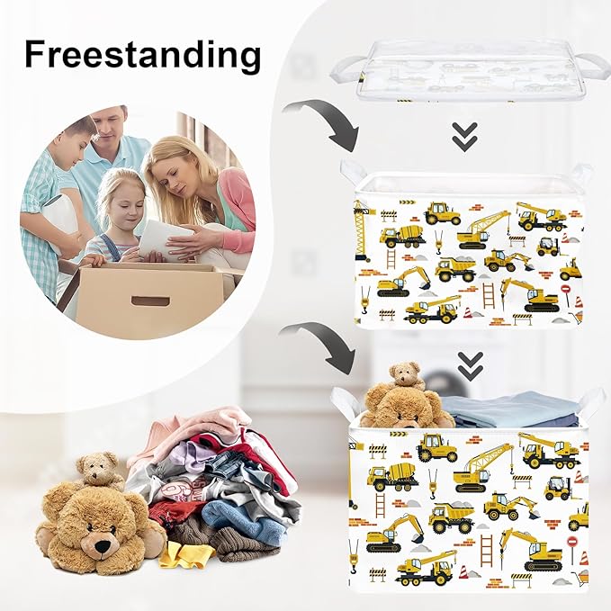 Cars Laundry Hamper Cartoon Vehicle Large Storage Basket Collapsible Parents Organizer Boy Toy Clothes Bins for Bedroom, Bathroom, Engineering, 36L