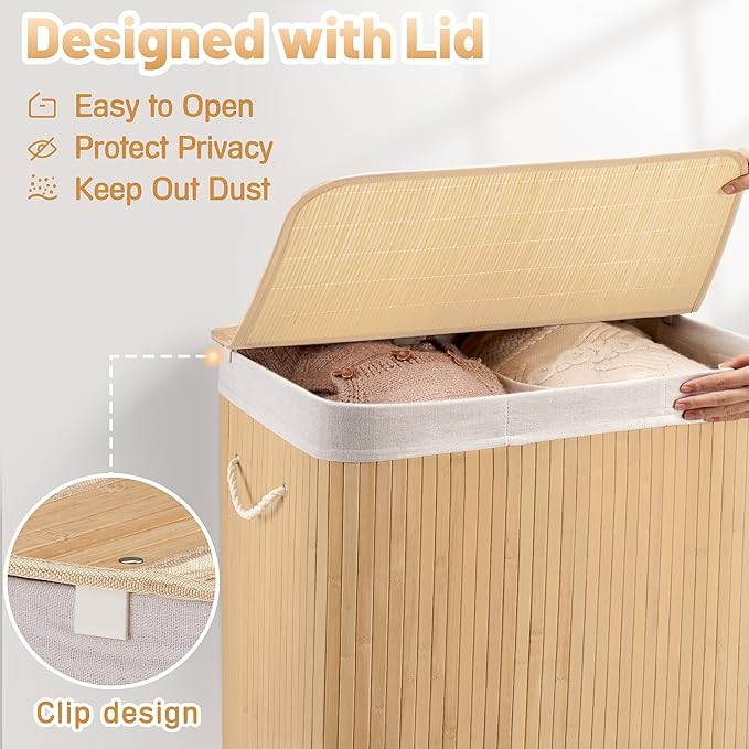 Aliphon 100L Laundry Hamper with lid, 2-Section Clothes Laundry Basket with Handles, Large Collapsible Bamboo Baskets for Bedroom, Bathroom, Dorm, Natural Beige