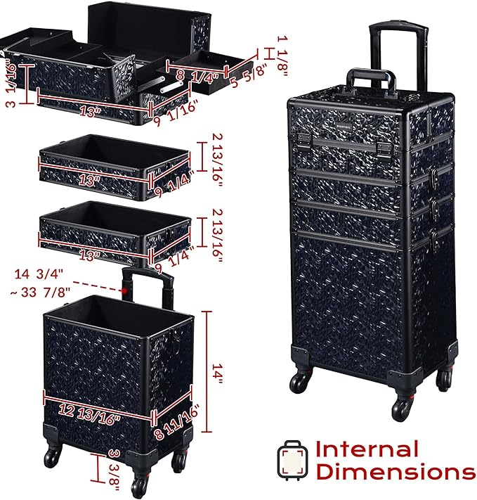 BYOOTIQUE 4in1 Rolling Makeup Train Case on Wheels Large Cosmetic Travel Organizer Eyelash Storage Box for Nail Tech Beauty Salon Manicurist Barbershop,Mermaid Black