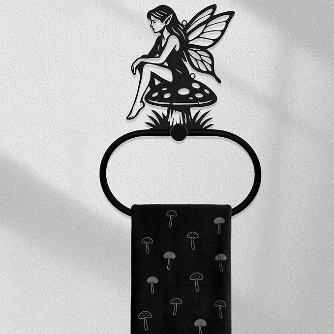 Gothic Tinker Bell Mushroom Towel Ring, Black Metal Witchy Wall Mounted Bathroom and Kitchen Towel Holder, Goth Hand Towels Bathroom Kitchen Accessories, Witchy Hands Rack for Home Office