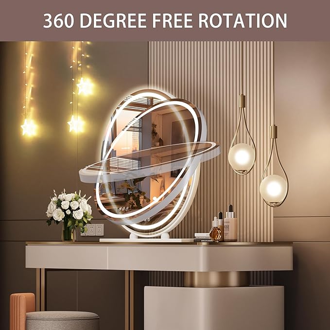 Hasipu Vanity Mirror with Lights, 23.6" LED Large Makeup Mirror, Lighted Makeup Mirror with Lights, Smart Touch Control 3 Colors Dimmable Round Mirror 360°Rotation White