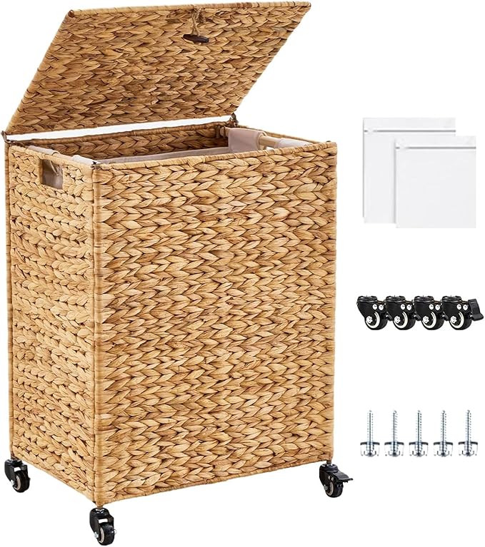 Hand-Woven Laundry Basket with Wheels, Natural Water Hyacinth Laundry Hamper with Lid, Removable & Machine-Washable Liner,Clothes Hamper for Bathroom and Laundry Room(90L,Natural)