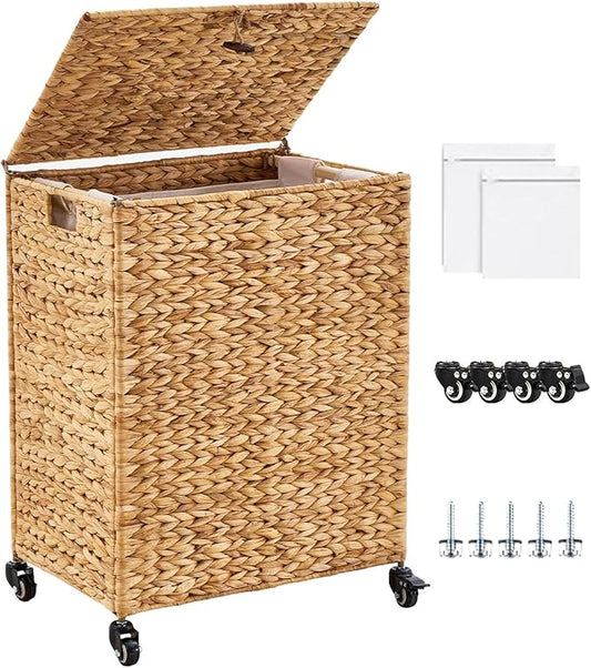 Hand-Woven Laundry Basket with Wheels, Natural Water Hyacinth Laundry Hamper with Lid, Removable & Machine-Washable Liner,Clothes Hamper for Bathroom and Laundry Room(90L,Natural)