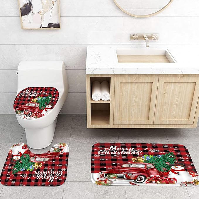 Yizheer Merry Christmas 4Pcs Snowman Waterproof Shower Curtain Set with Non-Slip Rugs, Toilet Lid Cover and Bath Mat, Bathroom Home Decor Set
