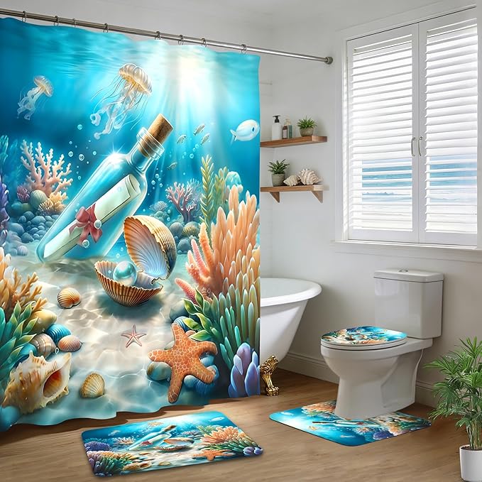 Yizheer 4Pcs Drift Bottle Shower Curtain Sets,Shell Pearl Jellyfish Ocean Scenery Marine Theme Bathroom Curtain with Rugs, Toilet Lid Cover and Bath Mat