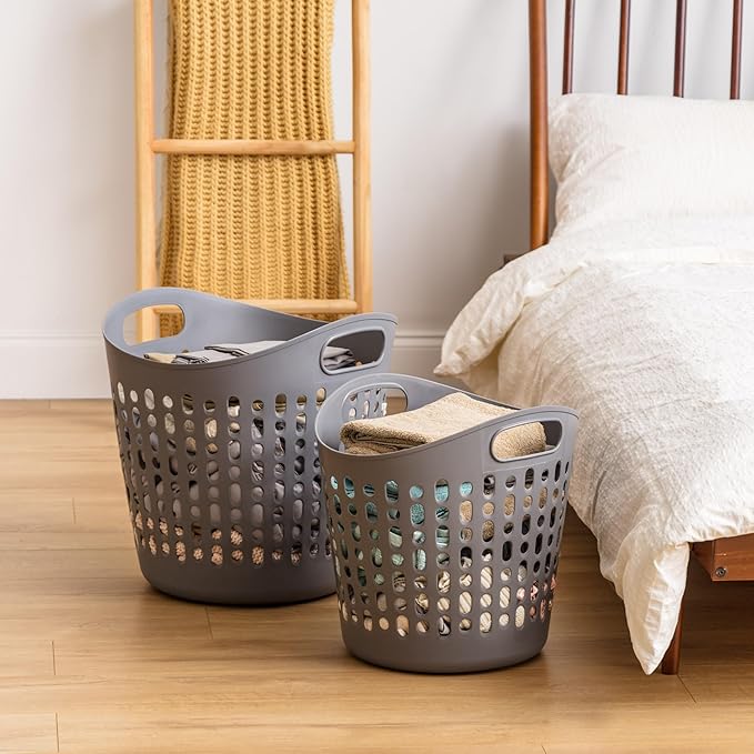IRIS USA Plastic Laundry Basket Hamper, 3-Pack, 40L / 10 Gal Flexible Dirty Clothes Bag with Ventilation Holes, Bedroom Bathroom Apartment Dorm Laundry Room Blanket Pillow Trinkets Organization, Gray