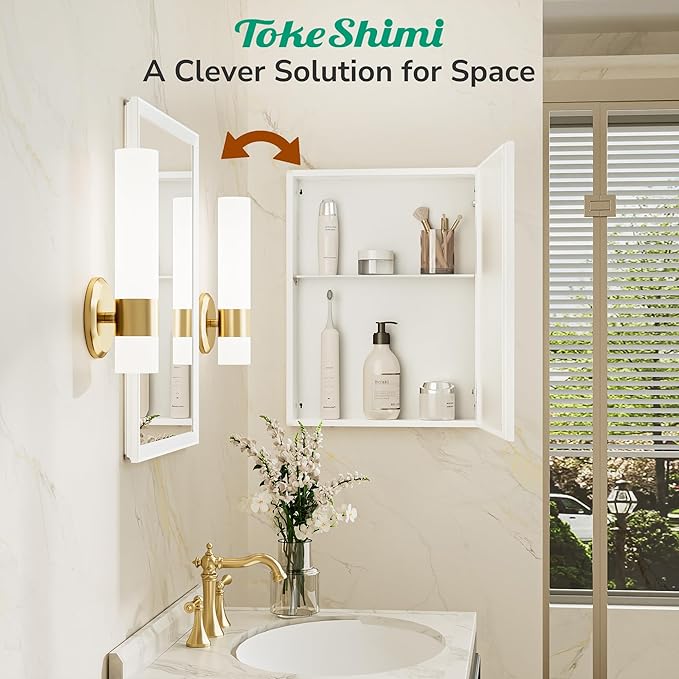 TokeShimi 14 x 18 White Recessed Medicine Cabinet with Mirror, Assembly Required, Bathroom Medicine Cabinet with Mirror, Stepless Adjustable Shelves, Beveled Aluminum Frame, DTC Hinge