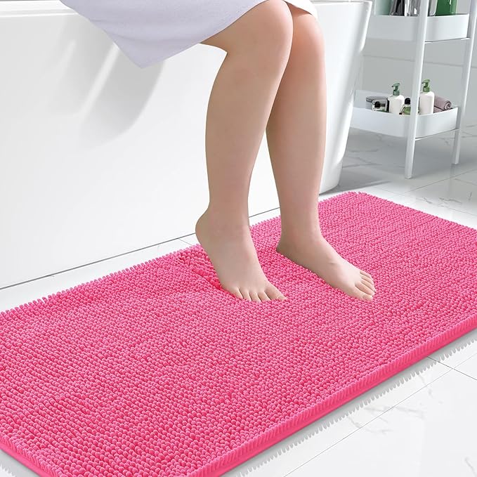 OLANLY Bathroom Rugs 50x30, Extra Soft Absorbent Chenille Bath Rugs, Rubber Backing Quick Dry, Machine Washable Bath Mats for Bathroom Floor, Tub and Shower, Home Decor Accessories, Hot Pink